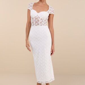 Lulus Flirtatious Presence White Sheer Lace Bustier Midi Dress - Size S